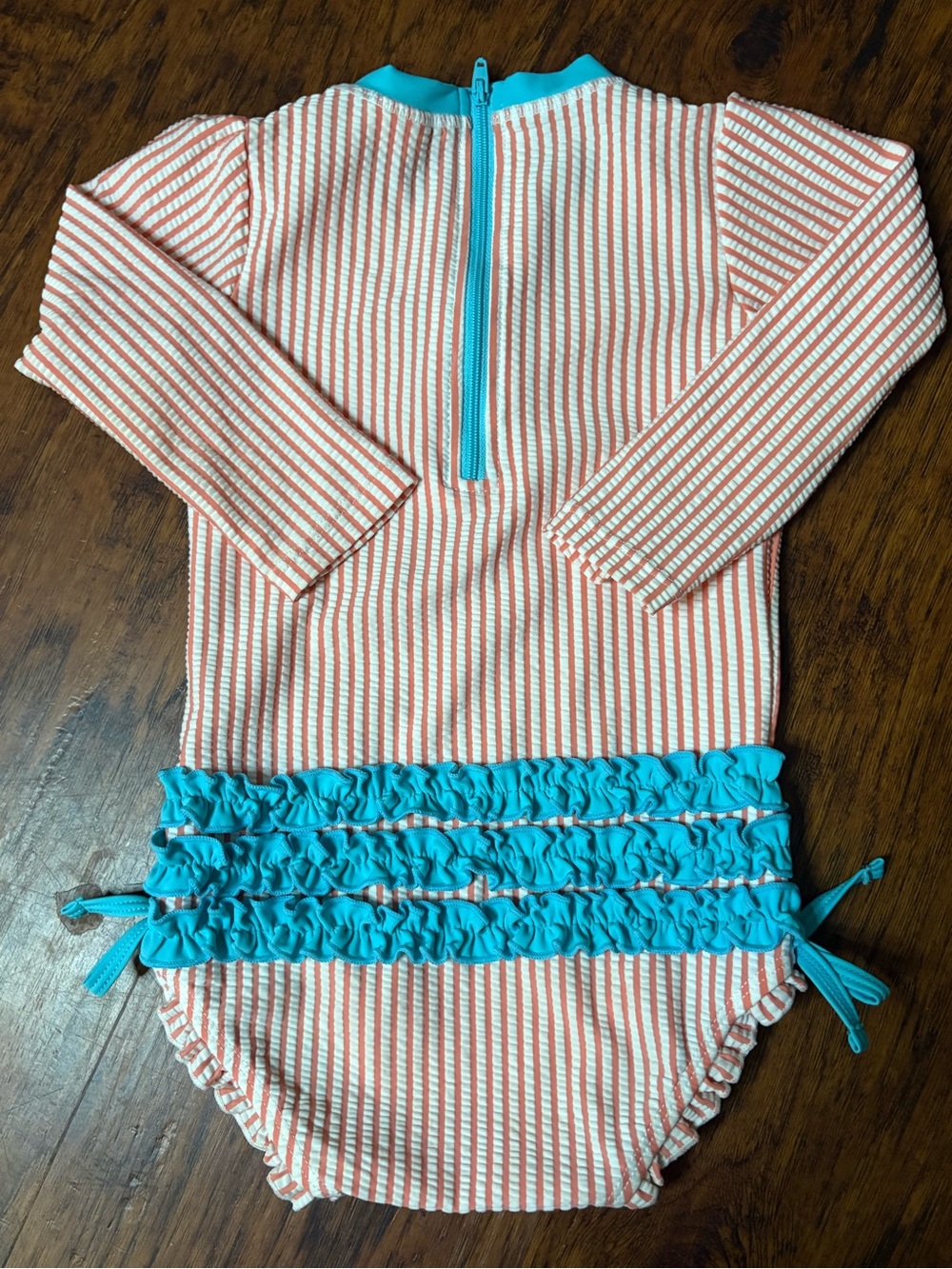 Kids Long-Sleeve Rash Guard Swimsuit in Coral Stripe with Turquoise Ruffle